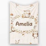 Cute Woodland Owls Mushrooms and Leaves Soft Cream Background Lovely  Personalised Custom Name Super Soft Fleece Blanket Bed Sofa Throw