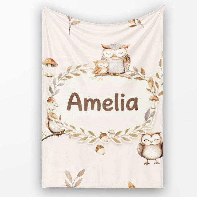 Cute Woodland Owls Mushrooms and Leaves Soft Cream Background Lovely  Personalised Custom Name Super Soft Fleece Blanket Bed Sofa Throw