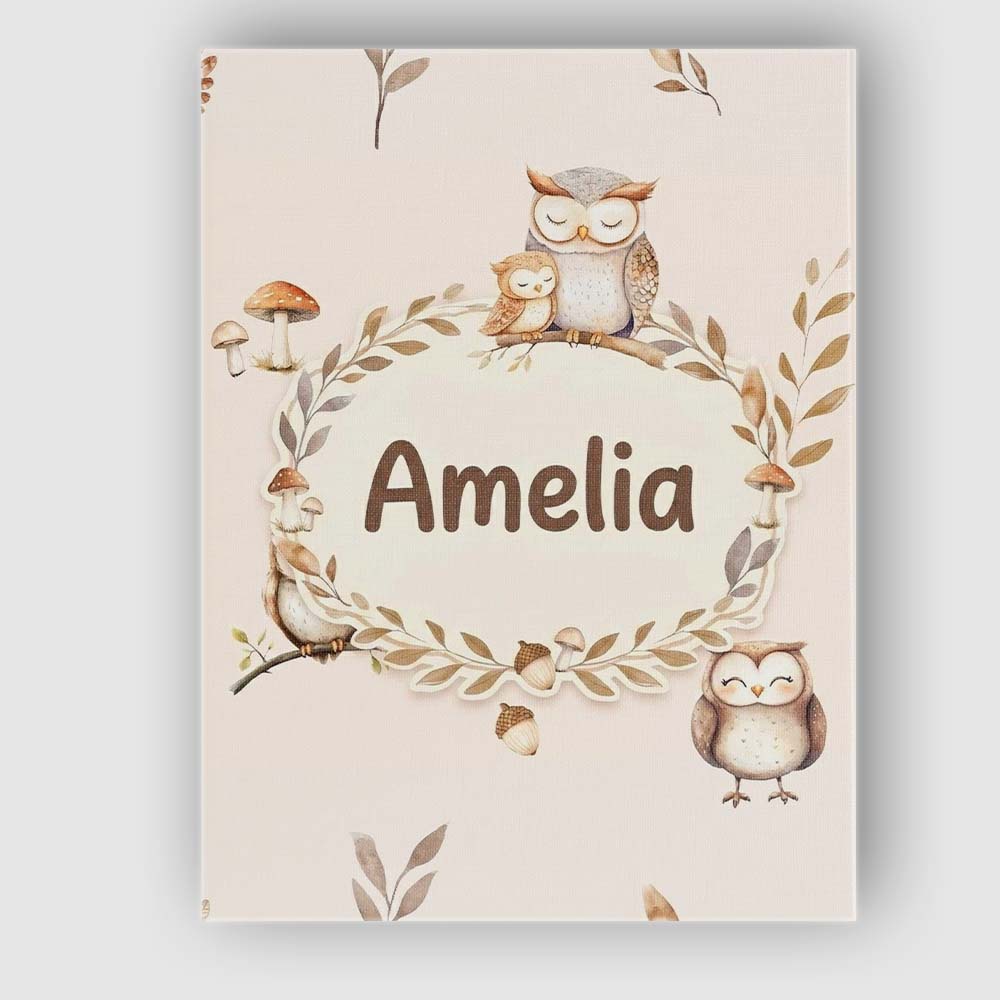 Personalised Name Cute Woodland Owls Custom Premium Decorative Design Modern Room Accent Canvas Wall Art Print Decor Picture Ready to Hang