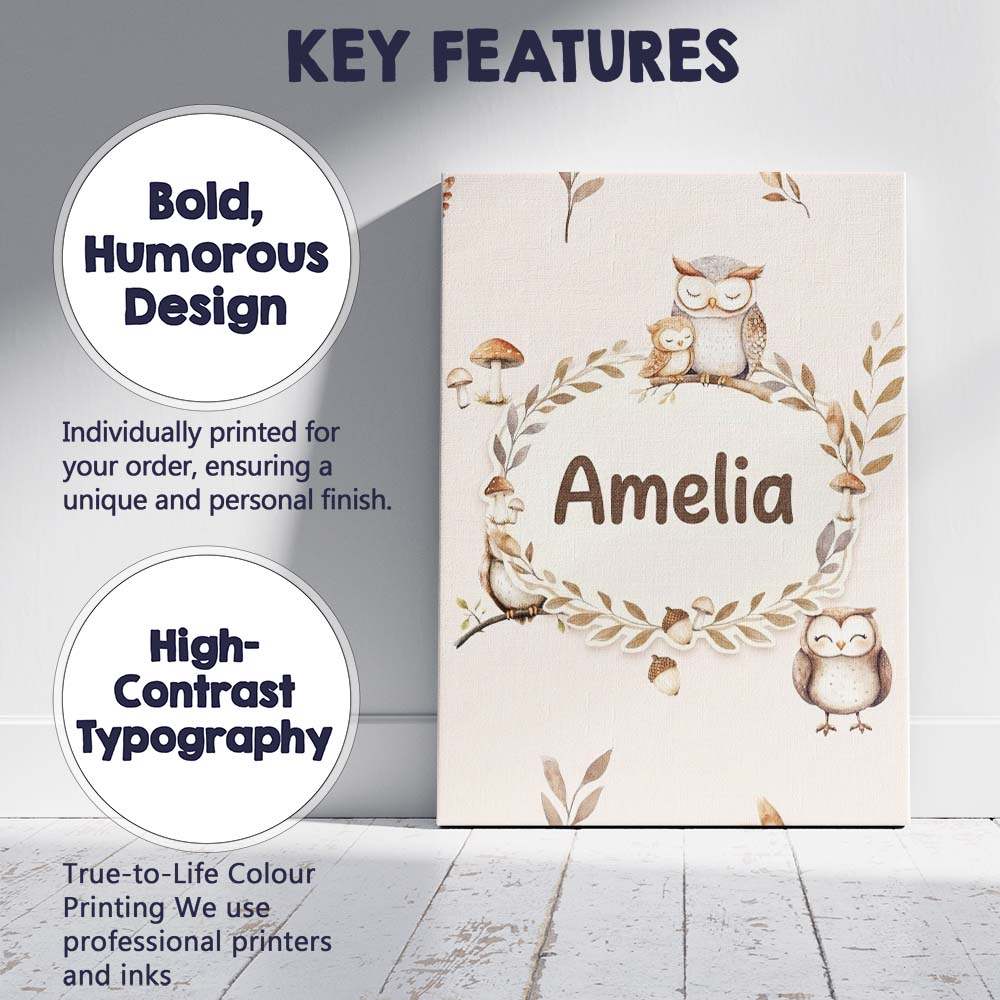 Personalised Name Cute Woodland Owls Custom Premium Decorative Design Modern Room Accent Canvas Wall Art Print Decor Picture Ready to Hang