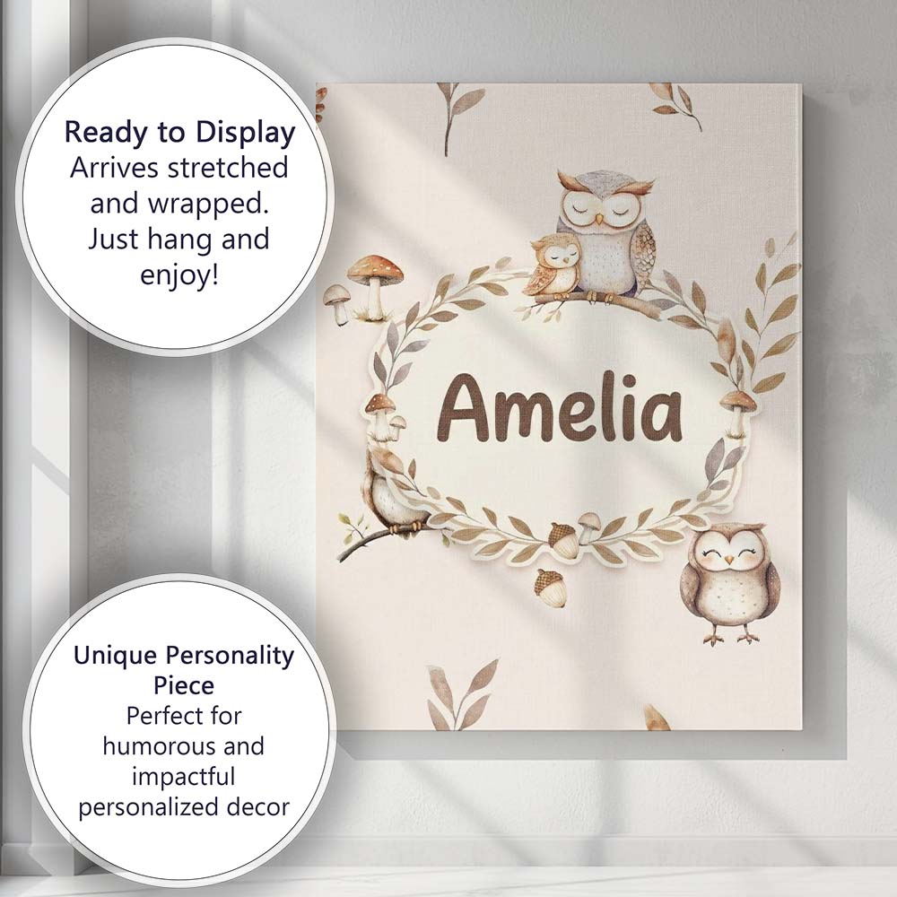 Personalised Name Cute Woodland Owls Custom Premium Decorative Design Modern Room Accent Canvas Wall Art Print Decor Picture Ready to Hang