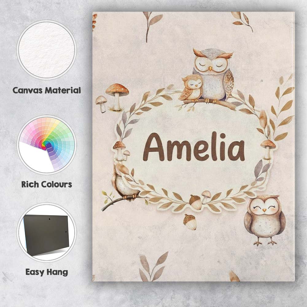 Personalised Name Cute Woodland Owls Custom Premium Decorative Design Modern Room Accent Canvas Wall Art Print Decor Picture Ready to Hang