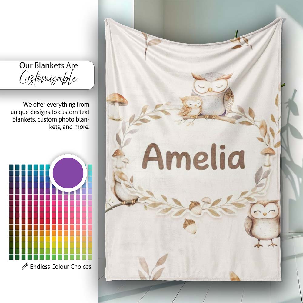 Cute Woodland Owls Mushrooms and Leaves Soft Cream Background Lovely  Personalised Custom Name Super Soft Fleece Blanket Bed Sofa Throw