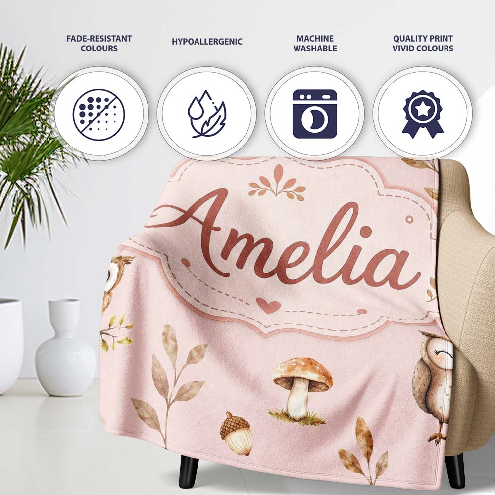 Cute Woodland Owls Mushrooms and Leaves Soft Blush Pink Background  Personalised Custom Name Super Soft Fleece Blanket Bed Sofa Throw