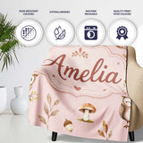 Cute Woodland Owls Mushrooms and Leaves Soft Blush Pink Background  Personalised Custom Name Super Soft Fleece Blanket Bed Sofa Throw