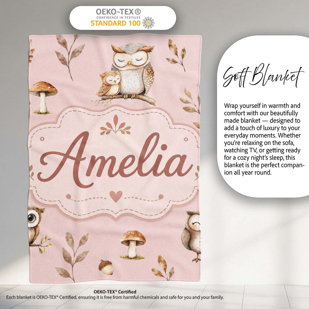 Cute Woodland Owls Mushrooms and Leaves Soft Blush Pink Background  Personalised Custom Name Super Soft Fleece Blanket Bed Sofa Throw