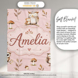 Cute Woodland Owls Mushrooms and Leaves Soft Blush Pink Background  Personalised Custom Name Super Soft Fleece Blanket Bed Sofa Throw