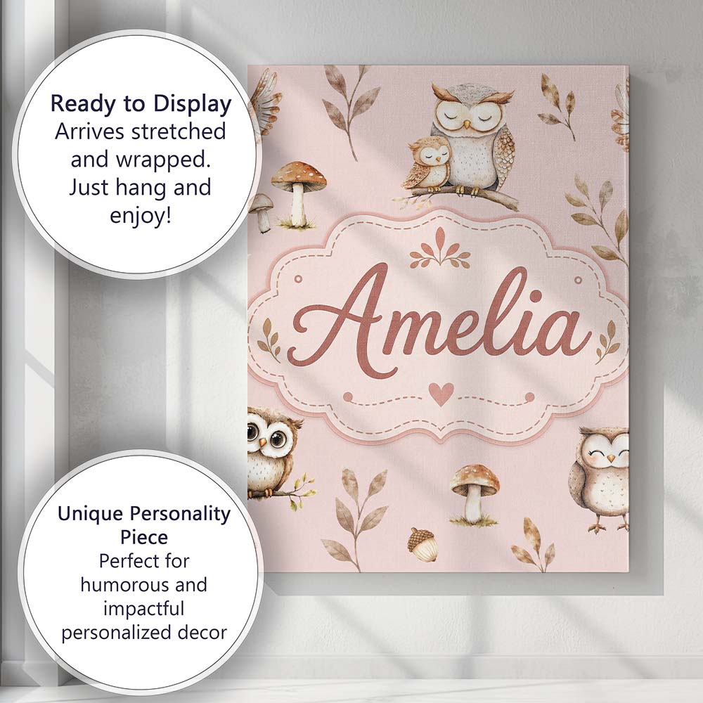 Personalised Name Cute Woodland Owls Custom Premium Decorative Design Modern Room Accent Canvas Wall Art Print Decor Picture Ready to Hang