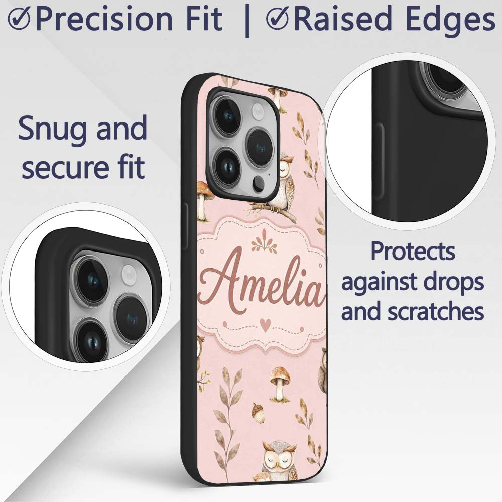 Cute Woodland Owls Mushrooms and Leaves Soft Custom Name Protective Phone Case Mobile Cover Durable Everyday Smartphone Shock Resistant