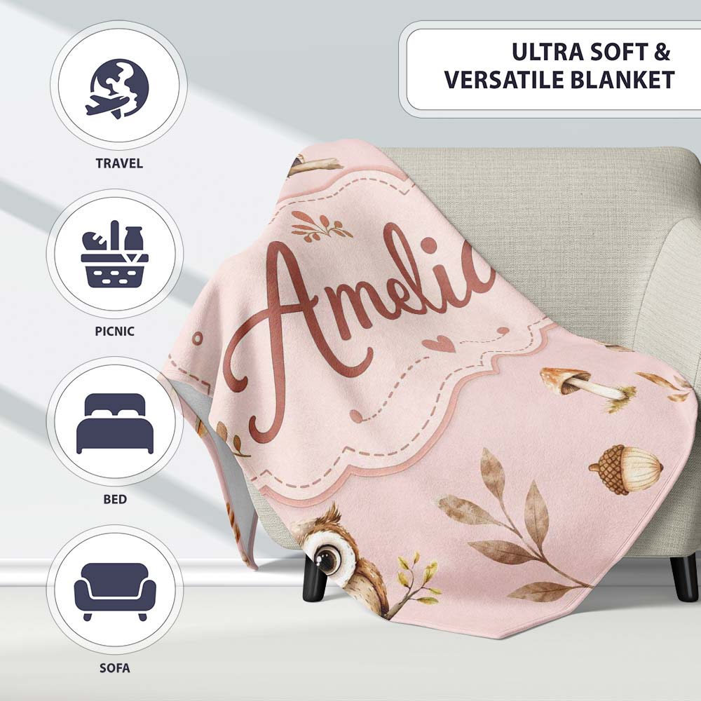 Cute Woodland Owls Mushrooms and Leaves Soft Blush Pink Background  Personalised Custom Name Super Soft Fleece Blanket Bed Sofa Throw