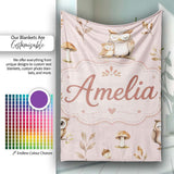 Cute Woodland Owls Mushrooms and Leaves Soft Blush Pink Background  Personalised Custom Name Super Soft Fleece Blanket Bed Sofa Throw