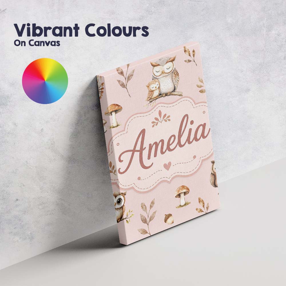 Personalised Name Cute Woodland Owls Custom Premium Decorative Design Modern Room Accent Canvas Wall Art Print Decor Picture Ready to Hang