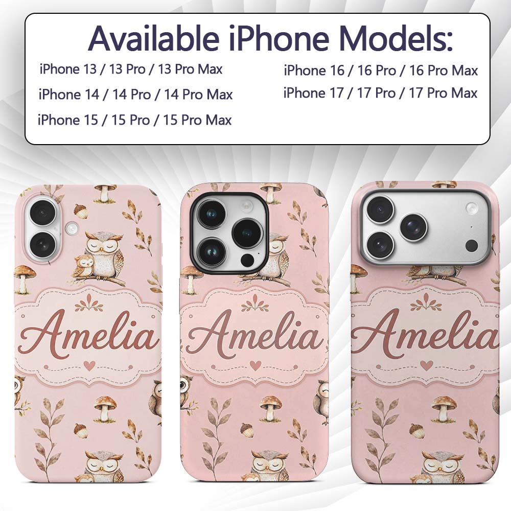 Cute Woodland Owls Mushrooms and Leaves Soft Custom Name Protective Phone Case Mobile Cover Durable Everyday Smartphone Shock Resistant