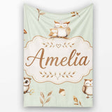 Cute Woodland Owls Mushrooms and Leaves Sage Green Background Lovely  Personalised Custom Name Super Soft Fleece Blanket Bed Sofa Throw