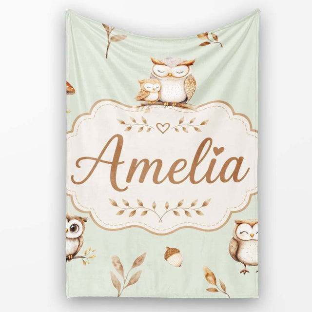 Cute Woodland Owls Mushrooms and Leaves Sage Green Background Lovely  Personalised Custom Name Super Soft Fleece Blanket Bed Sofa Throw