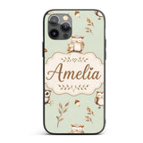 Cute Woodland Owls Mushrooms and Leaves Sage Custom Name Protective Phone Case Mobile Cover Durable Everyday Smartphone Shock Resistant