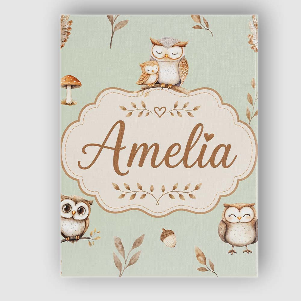 Personalised Name Cute Woodland Owls Custom Premium Decorative Design Modern Room Accent Canvas Wall Art Print Decor Picture Ready to Hang