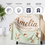 Cute Woodland Owls Mushrooms and Leaves Sage Green Background Lovely  Personalised Custom Name Super Soft Fleece Blanket Bed Sofa Throw