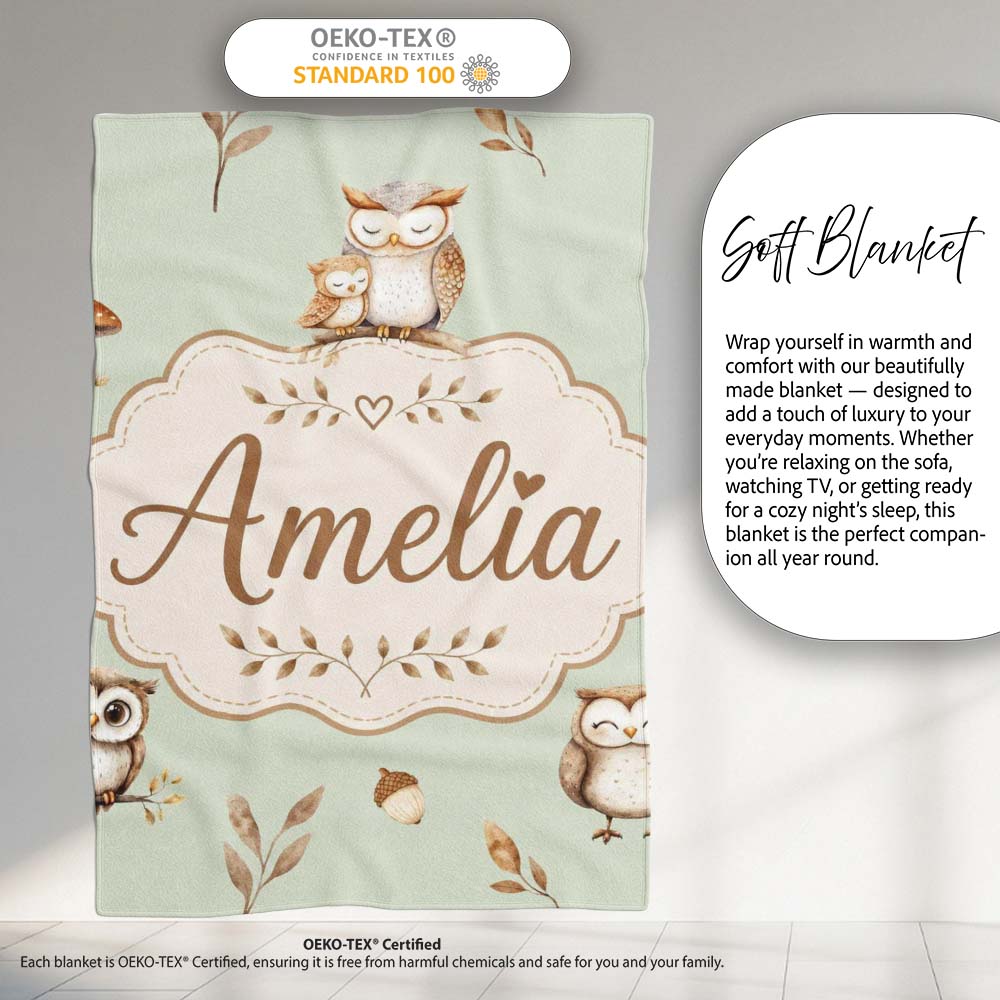 Cute Woodland Owls Mushrooms and Leaves Sage Green Background Lovely  Personalised Custom Name Super Soft Fleece Blanket Bed Sofa Throw