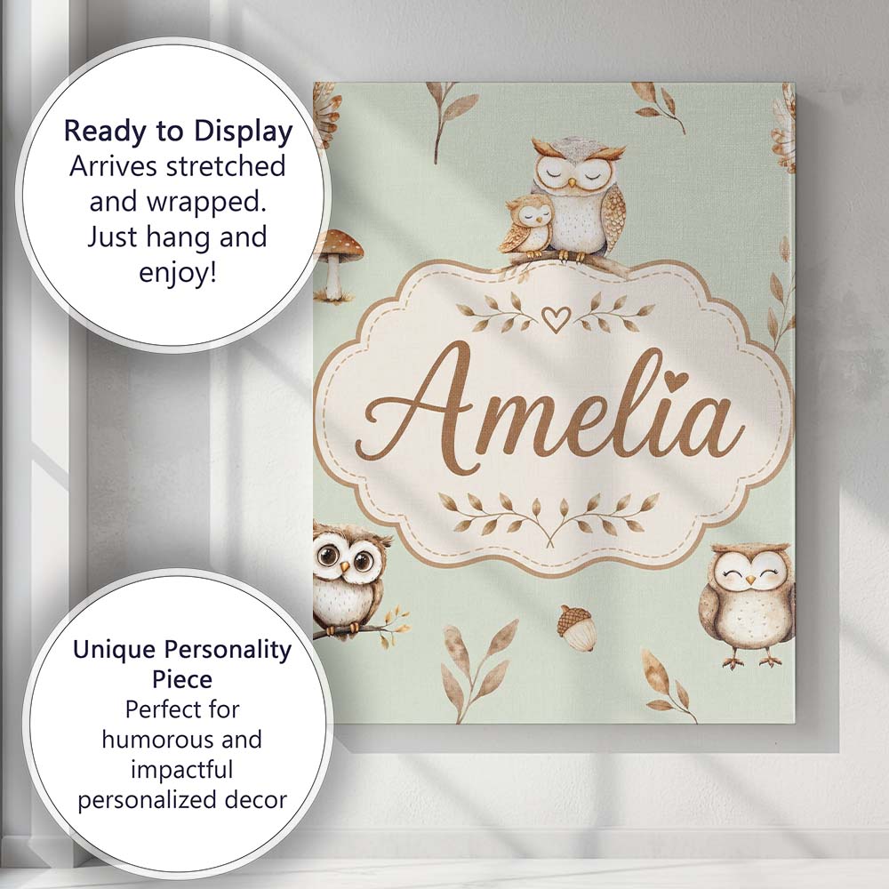 Personalised Name Cute Woodland Owls Custom Premium Decorative Design Modern Room Accent Canvas Wall Art Print Decor Picture Ready to Hang