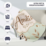 Cute Woodland Owls Mushrooms and Leaves Sage Green Background Lovely  Personalised Custom Name Super Soft Fleece Blanket Bed Sofa Throw