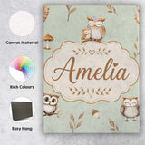 Personalised Name Cute Woodland Owls Custom Premium Decorative Design Modern Room Accent Canvas Wall Art Print Decor Picture Ready to Hang