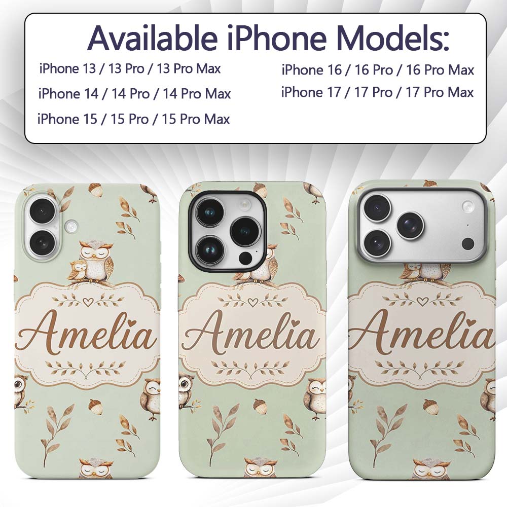 Cute Woodland Owls Mushrooms and Leaves Sage Custom Name Protective Phone Case Mobile Cover Durable Everyday Smartphone Shock Resistant