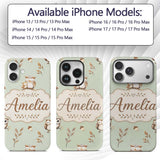 Cute Woodland Owls Mushrooms and Leaves Sage Custom Name Protective Phone Case Mobile Cover Durable Everyday Smartphone Shock Resistant