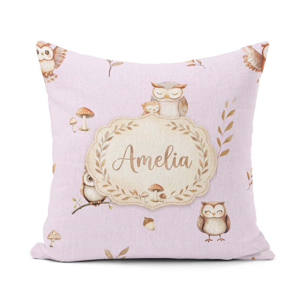Custom Name Woodland Owls Mushrooms and Soft Lavender Background Square Filled Cushion Throw Pillow Sofa Bed Home Decor Zip Washable UK Made