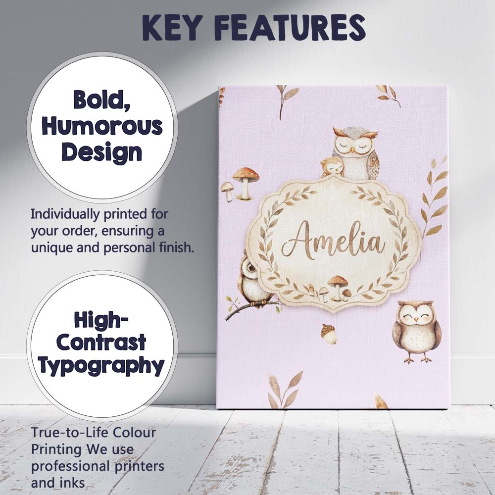 Personalised Name Cute Woodland Owls Custom Premium Decorative Design Modern Room Accent Canvas Wall Art Print Decor Picture Ready to Hang