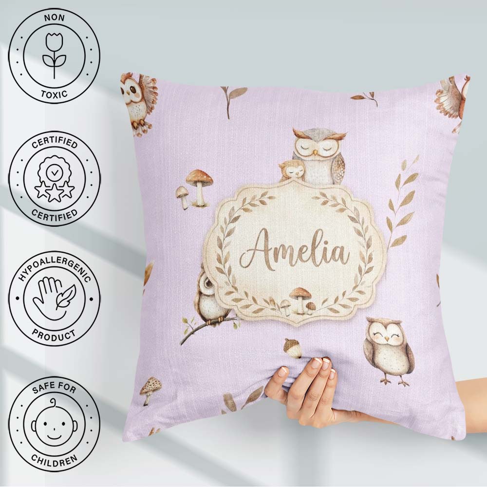 Custom Name Woodland Owls Mushrooms and Soft Lavender Background Square Filled Cushion Throw Pillow Sofa Bed Home Decor Zip Washable UK Made
