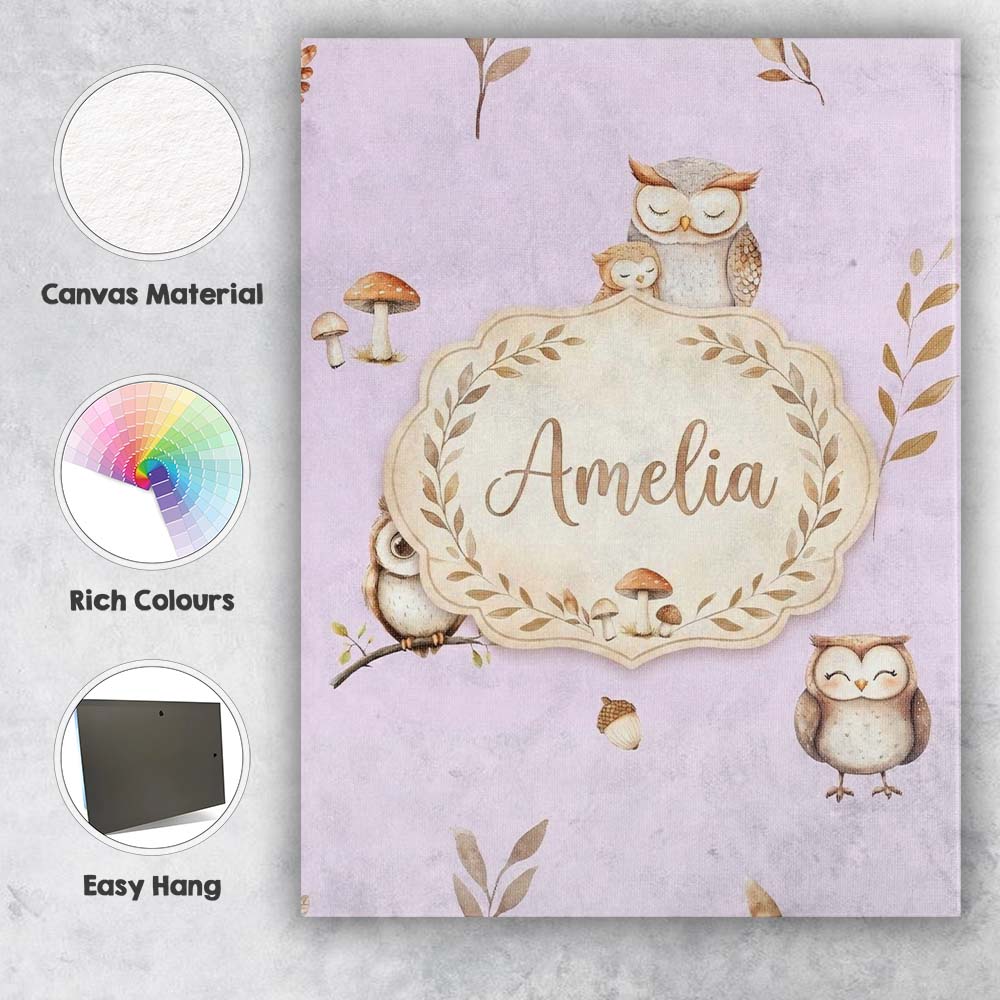 Personalised Name Cute Woodland Owls Custom Premium Decorative Design Modern Room Accent Canvas Wall Art Print Decor Picture Ready to Hang