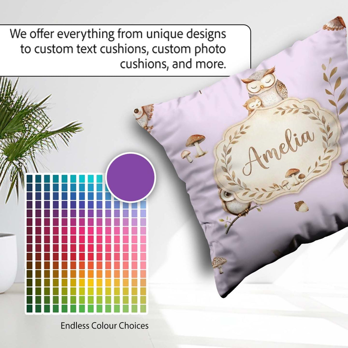 Custom Name Woodland Owls Mushrooms and Soft Lavender Background Square Filled Cushion Throw Pillow Sofa Bed Home Decor Zip Washable UK Made
