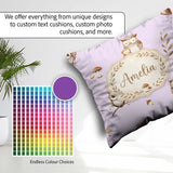 Custom Name Woodland Owls Mushrooms and Soft Lavender Background Square Filled Cushion Throw Pillow Sofa Bed Home Decor Zip Washable UK Made