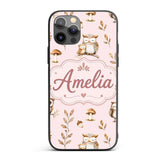 Cute Woodland Owls Mushrooms and Leaves Soft Custom Name Protective Phone Case Mobile Cover Durable Everyday Smartphone Shock Resistant