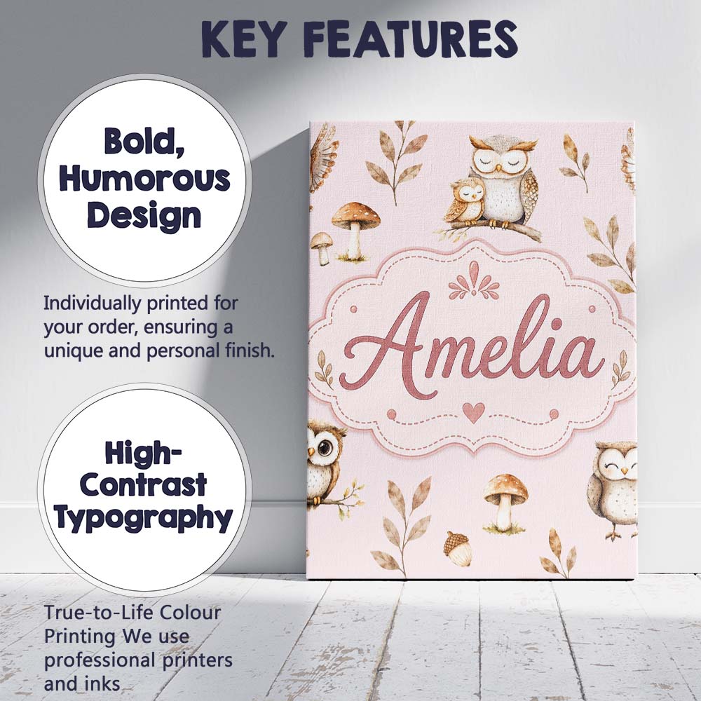 Personalised Name Cute Woodland Owls Custom Premium Decorative Design Modern Room Accent Canvas Wall Art Print Decor Picture Ready to Hang