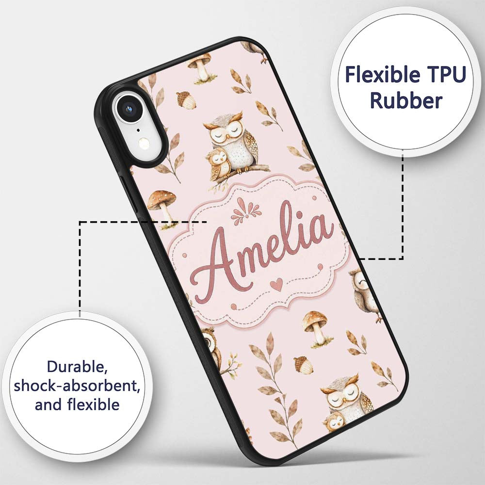 Cute Woodland Owls Mushrooms and Leaves Soft Custom Name Protective Phone Case Mobile Cover Durable Everyday Smartphone Shock Resistant
