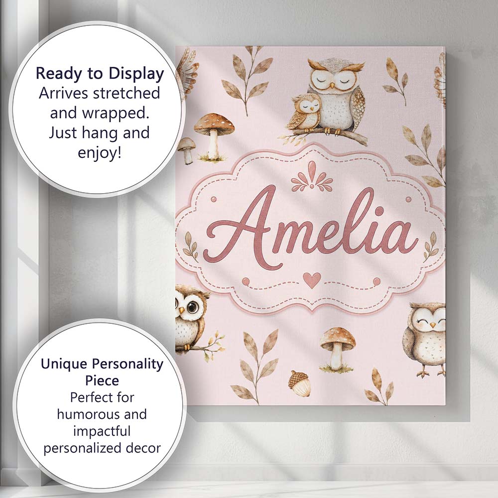 Personalised Name Cute Woodland Owls Custom Premium Decorative Design Modern Room Accent Canvas Wall Art Print Decor Picture Ready to Hang