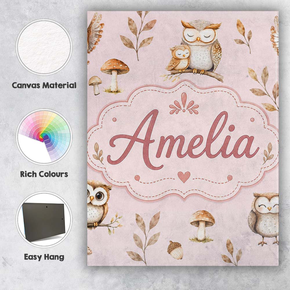 Personalised Name Cute Woodland Owls Custom Premium Decorative Design Modern Room Accent Canvas Wall Art Print Decor Picture Ready to Hang