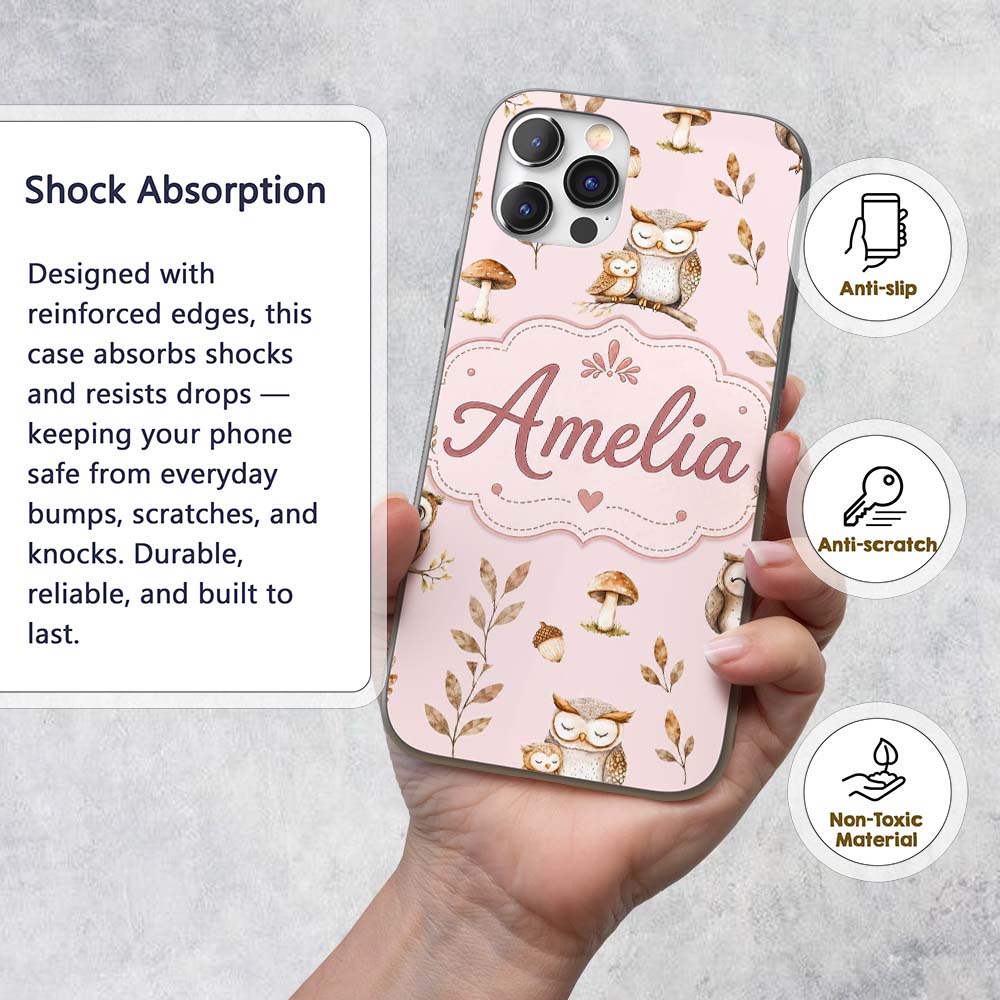 Cute Woodland Owls Mushrooms and Leaves Soft Custom Name Protective Phone Case Mobile Cover Durable Everyday Smartphone Shock Resistant