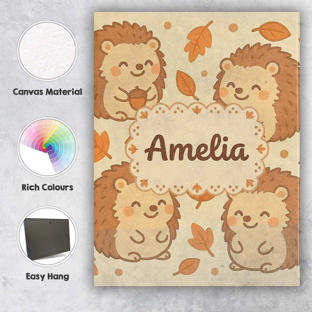 Personalised Name Cute Hedgehog Autumn Cartoon Animal Pattern Custom Contemporary Display Canvas Wall Art Print Decor Picture Ready to Hang