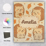 Personalised Name Cute Hedgehog Autumn Cartoon Animal Pattern Custom Contemporary Display Canvas Wall Art Print Decor Picture Ready to Hang
