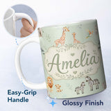 Personalized Custom Name Cute Safari Animals Giraffe Lion Zebra Parrot Pattern Sage Green 11oz Ceramic Coffee Tea Mug White Large Handle