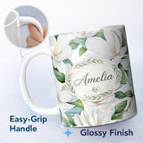 Personalized Custom Name Soft White Magnolia Flowers and Green Leaves Seamless Pattern Lovely 11oz Ceramic Coffee Tea Mug White Large Handle