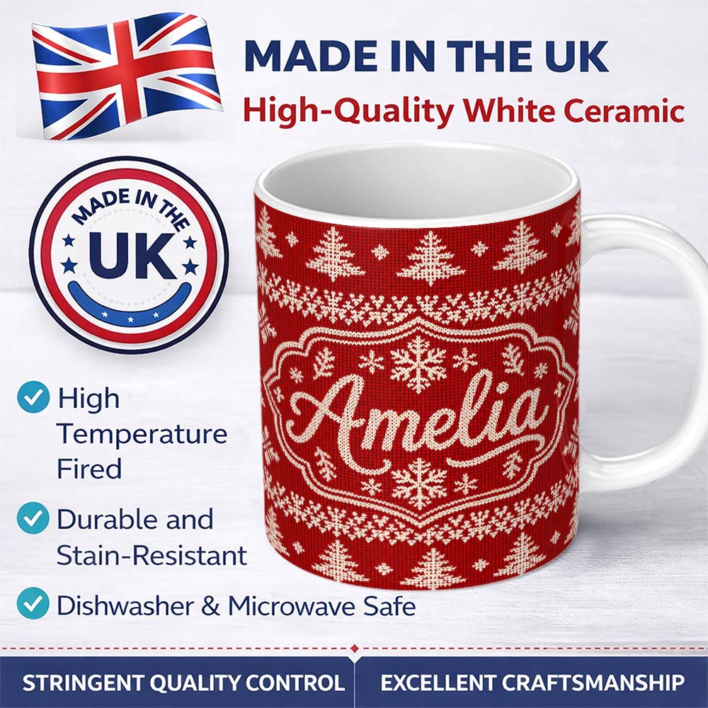 Personalized Custom Name Cute Red Knitted Christmas Tree Snowflake Nordic Classic Seamless 11oz Ceramic Coffee Tea Mug White Large Handle