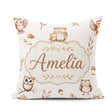 Custom Name Cute Owls Mushrooms and Leaves Light Grey Background Square Filled Cushion Throw Pillow Sofa Bed Home Decor Zip Washable UK Made