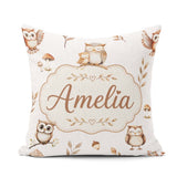 Custom Name Cute Owls Mushrooms and Leaves Light Grey Background Square Filled Cushion Throw Pillow Sofa Bed Home Decor Zip Washable UK Made