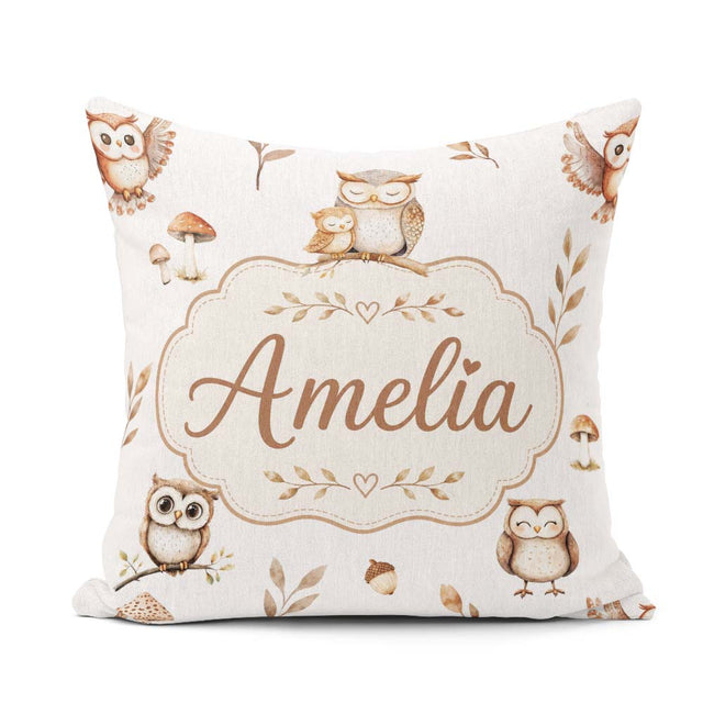 Custom Name Cute Owls Mushrooms and Leaves Light Grey Background Square Filled Cushion Throw Pillow Sofa Bed Home Decor Zip Washable UK Made