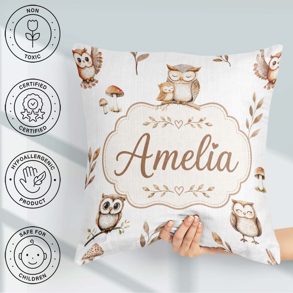 Custom Name Cute Owls Mushrooms and Leaves Light Grey Background Square Filled Cushion Throw Pillow Sofa Bed Home Decor Zip Washable UK Made