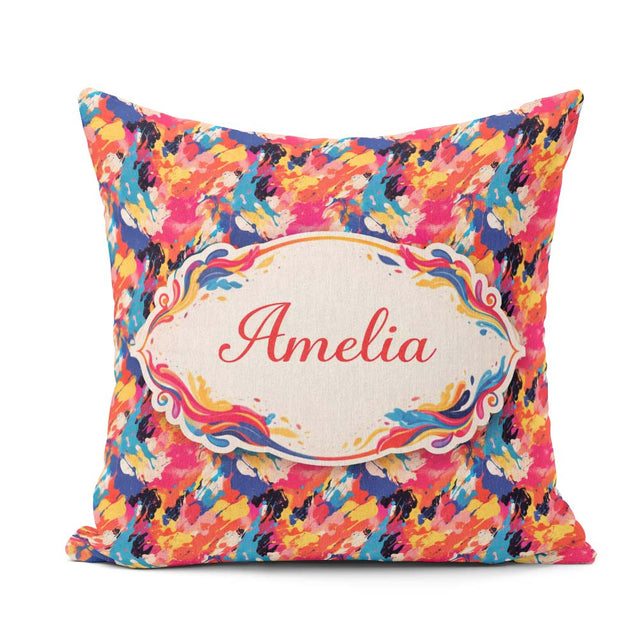 Custom Name Neon Paint Splash Dark Background Abstract Pattern Square Filled Cushion Throw Pillow Sofa Bed Home Decor Zip Washable UK Made